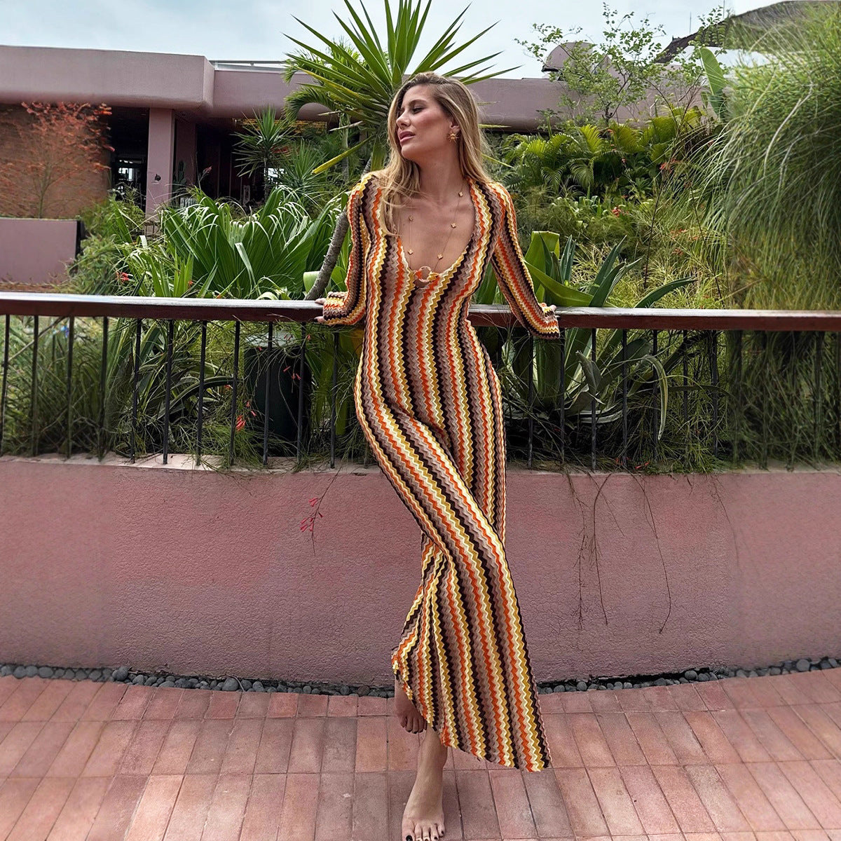 Women's Sexy Autumn Slim Long Sleeve Yarn-dyed Dress