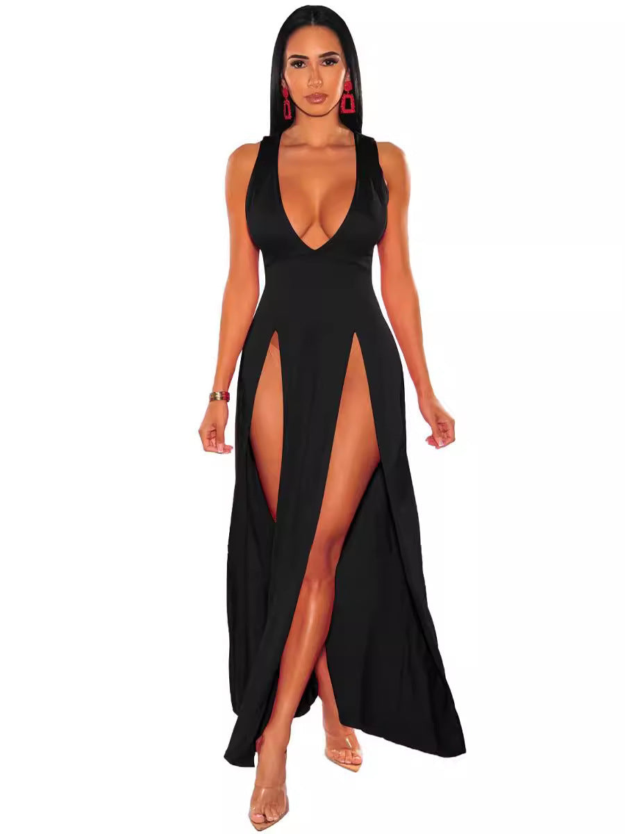 Women's Long Deep V Split Bandage Nightclub Dress