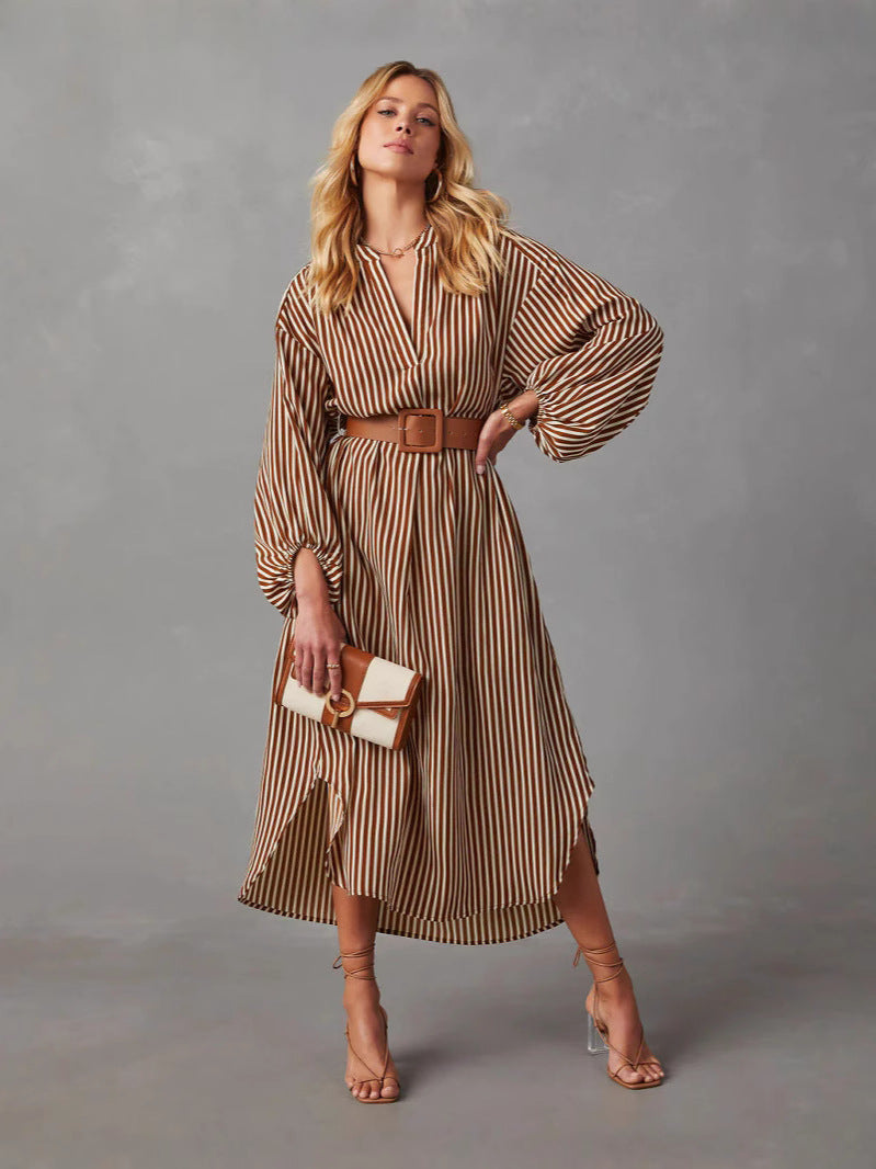 Fashion Striped Belt Long Sleeve Mid-length Dress