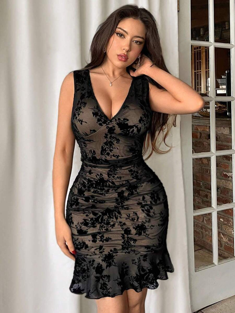 Women's Summer Elegant Flocking Deep Sleeveless Mini Ruffled Hem Dress
