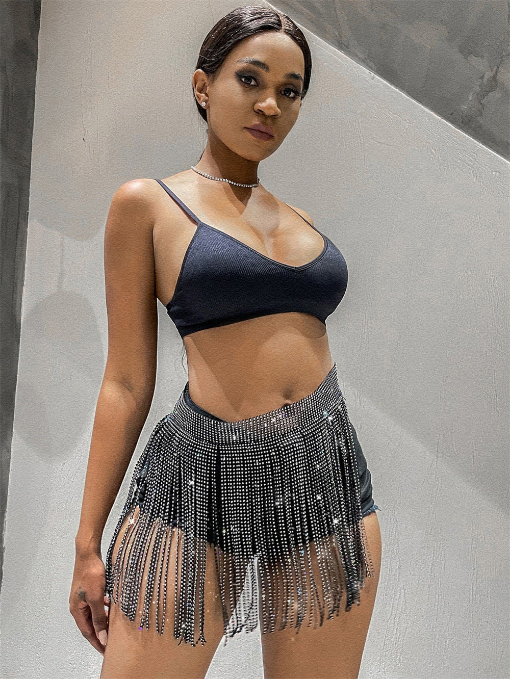 Women's Fishnet Stitching Tassel Mesh Sequin Decoration Shorts