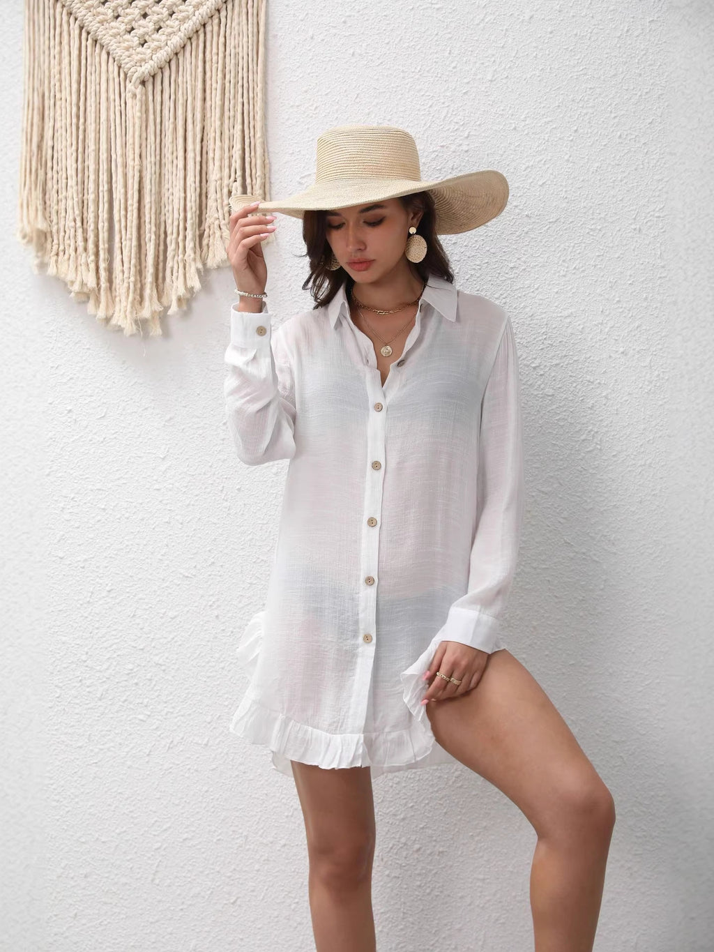 Women's Summer Slub Cotton Ruffle Vacation Style Beach Blouse