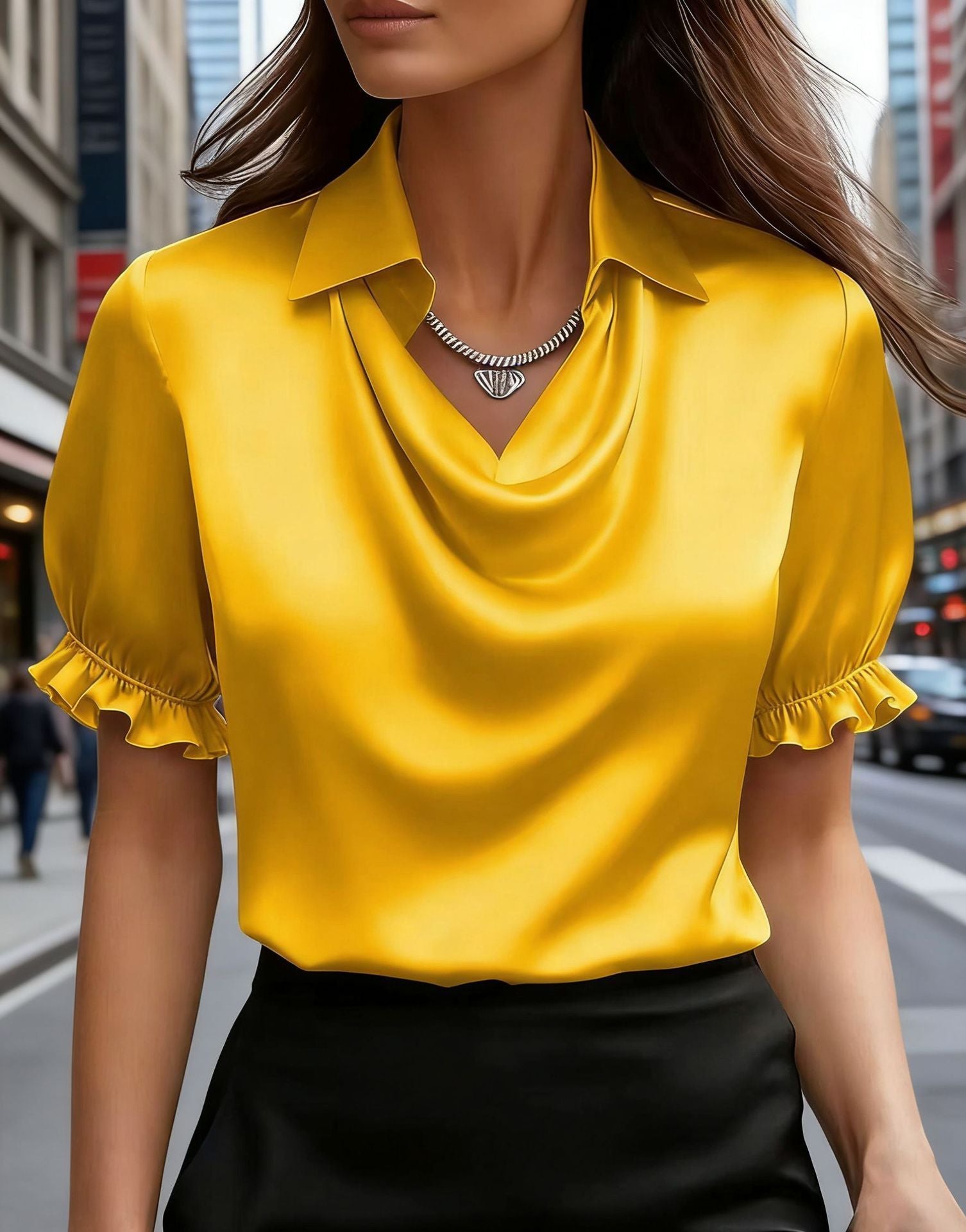 Women's Simple Graceful Swing Collar Shirt Sleeved Blouse