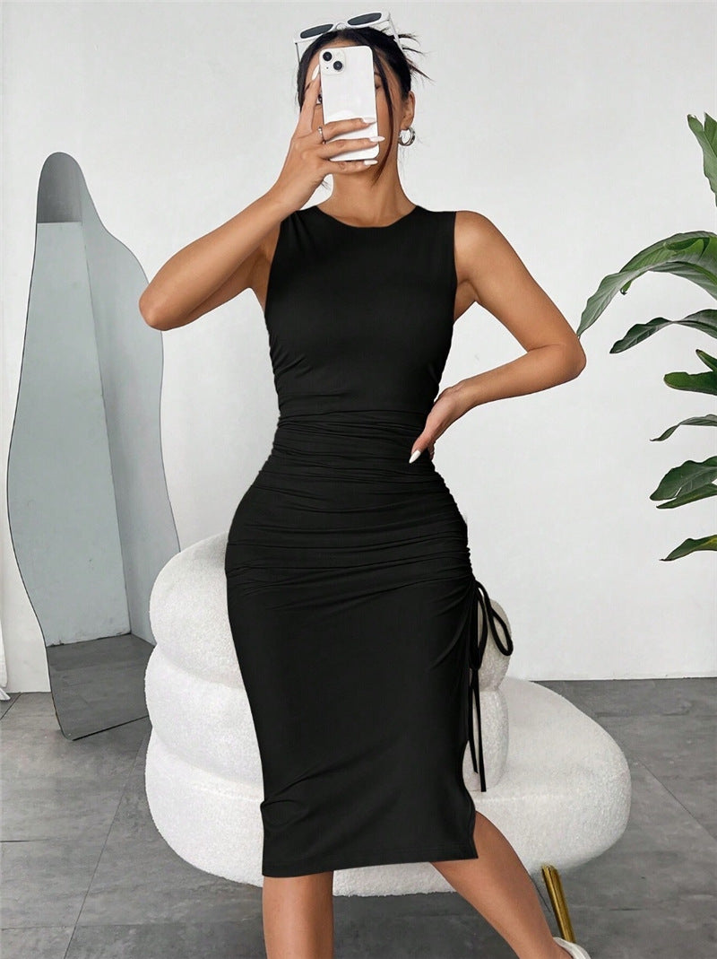 Popular Sleeveless Pleated Drawstring Sheath Summer Dress