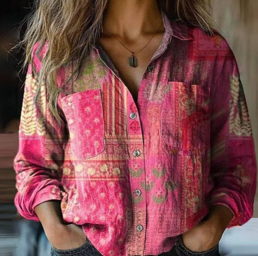 Women's Shirt Printed Linen Fabric Can Be Made Blouse