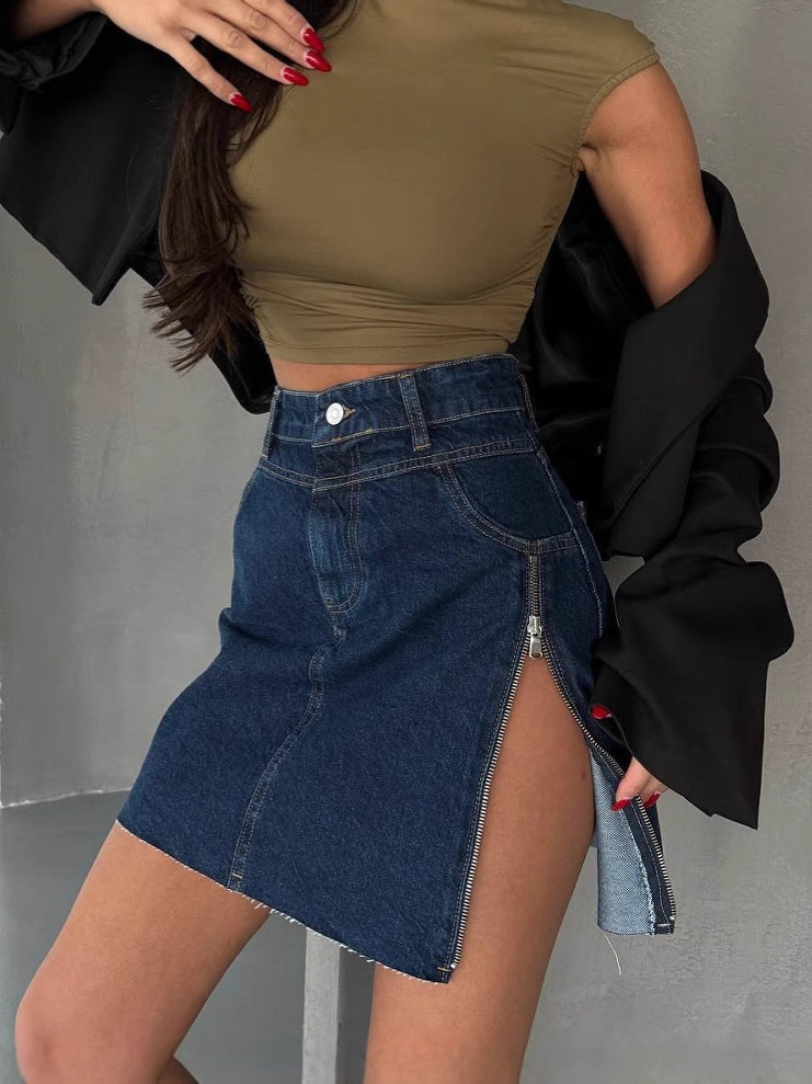 Women's Irregular High Waist Denim Design Zipper Skirt