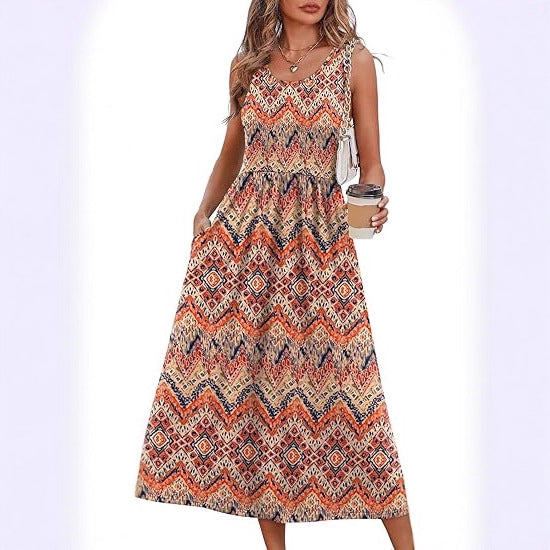 Women's Summer Printed Large Swing Sleeveless Pocket Dress