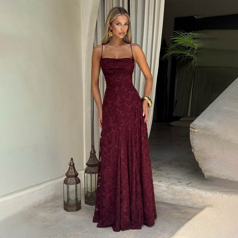 Women's Elegant Lace Sexy Backless Spaghetti Straps Dress
