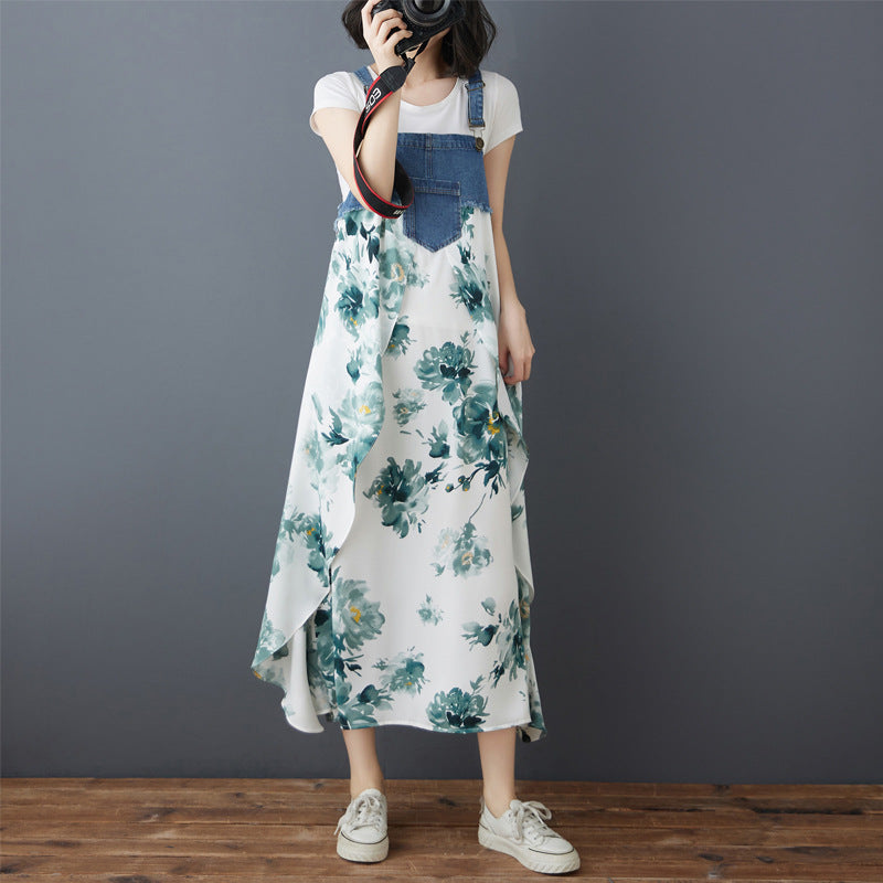 Color Loose Denim Stitching Floral Strap Dress