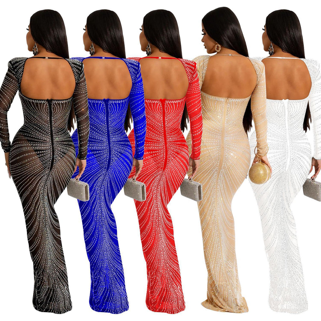 Women's Fashion Wear Hot Drilling Mesh Long Dress