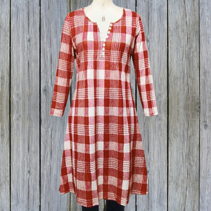 Beautiful Attractive Red Retro Plaid Button Dress