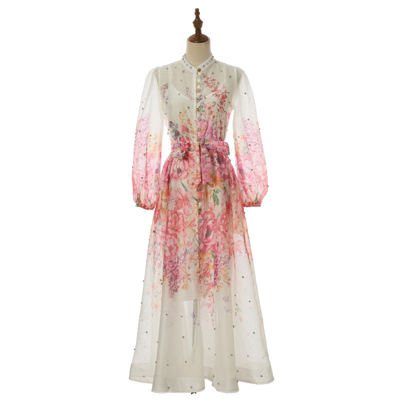 Women's Design Positioning Flower Diamond Long Wing Dress