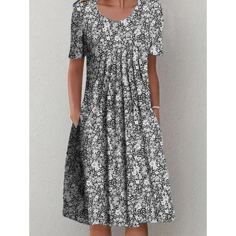 Women's Floral Print Round Neck Pocket Mid-length Clothing