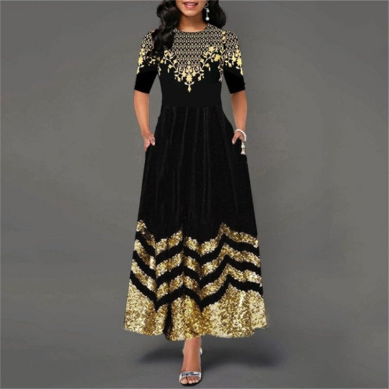 Women's African Long Round Neck Elegant Retro Dress