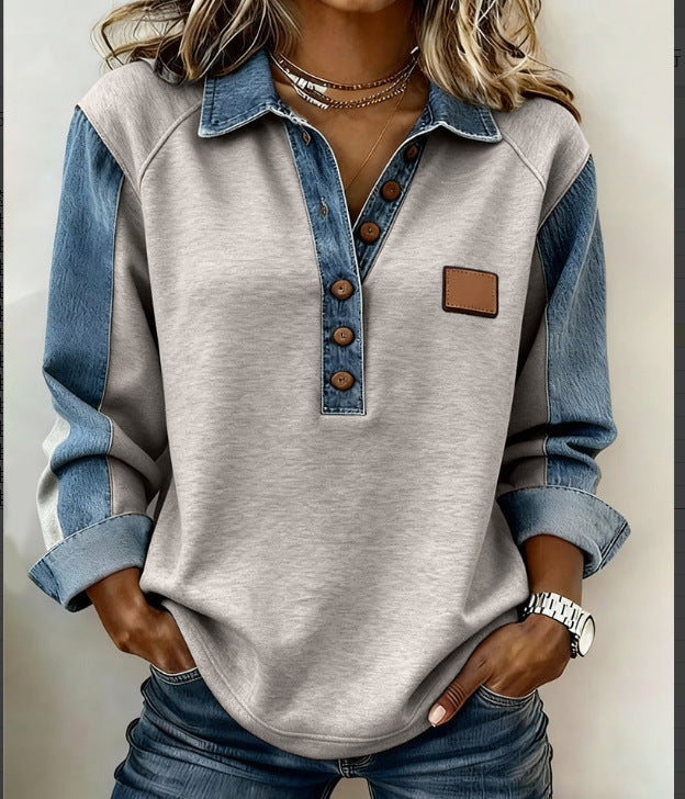 Women's Knitted Lapel Long Sleeve Shirt Casual Stitching Blouse