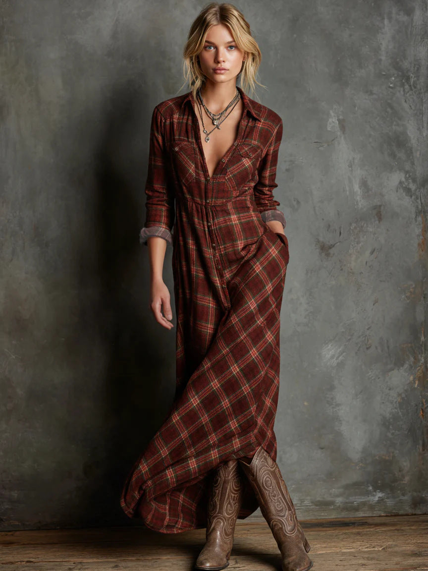 Women's Elegant Long Sleeve Plaid Shirtdress Fashion Dress