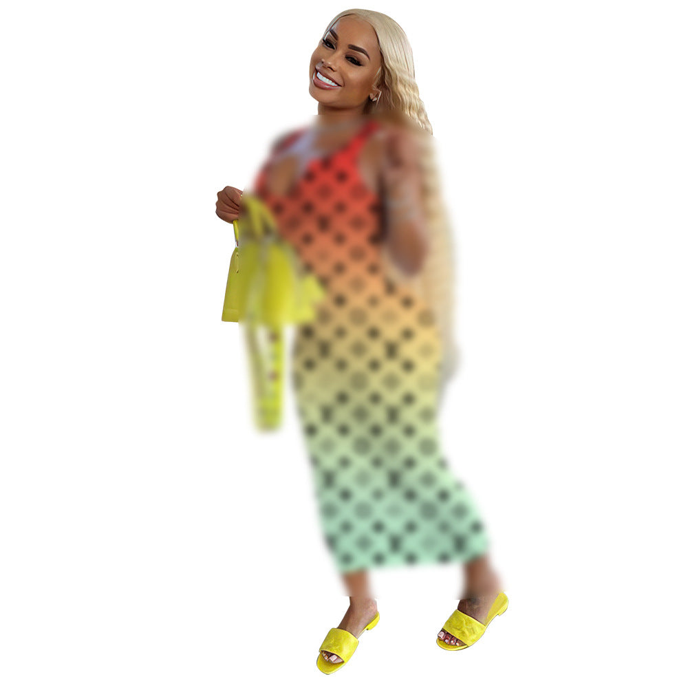 Women's Fashion Gradient Printing Small Sunken Stripe Dress