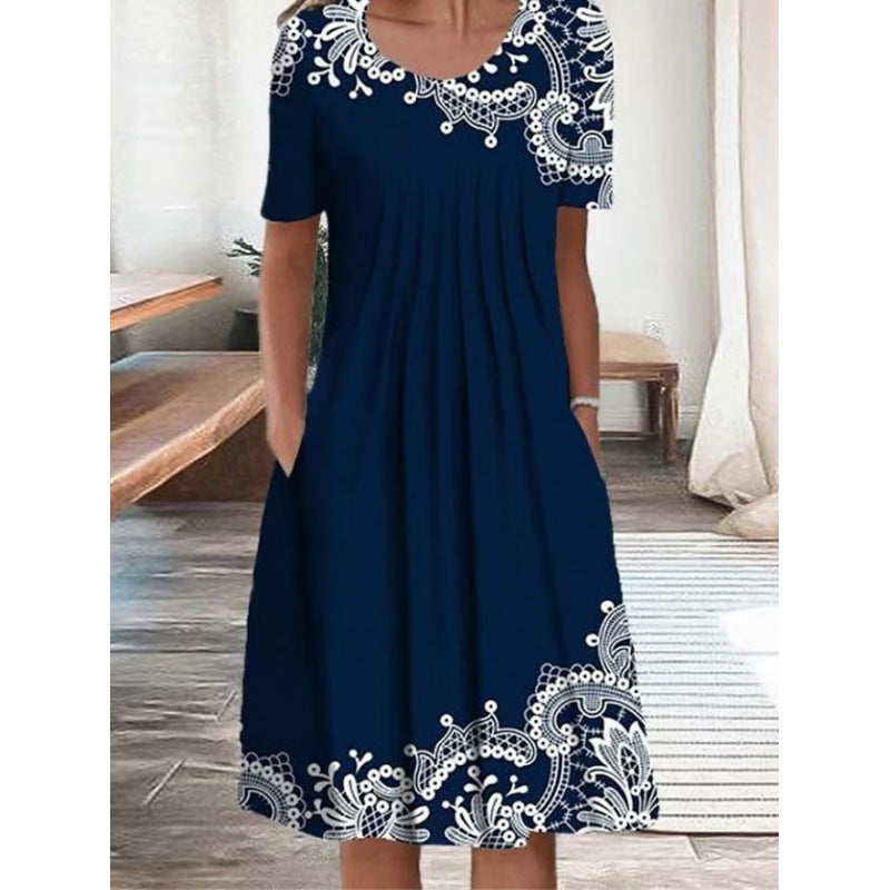 Women's Floral Print Round Neck Pocket Mid-length Clothing