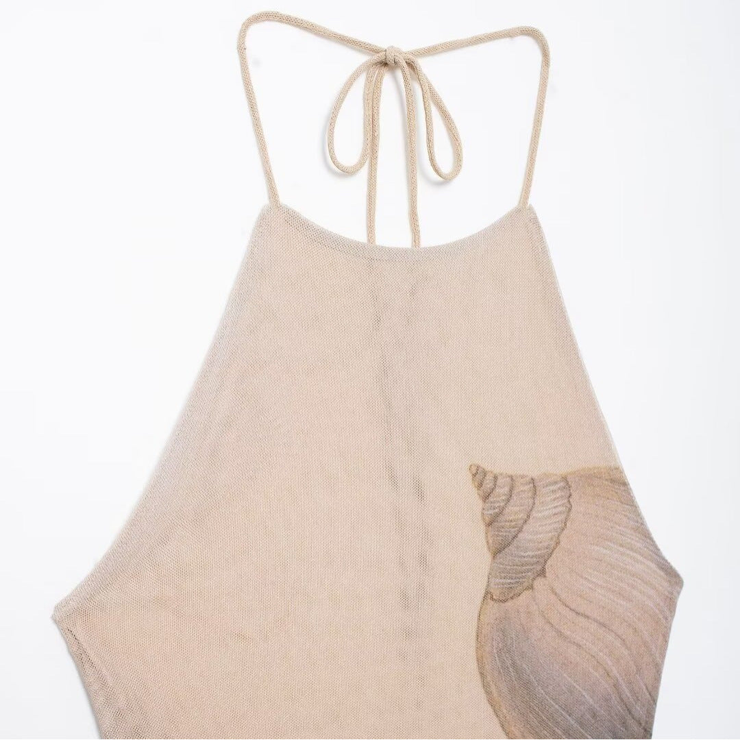 Women's French Style Shell Print Silk Net Dress