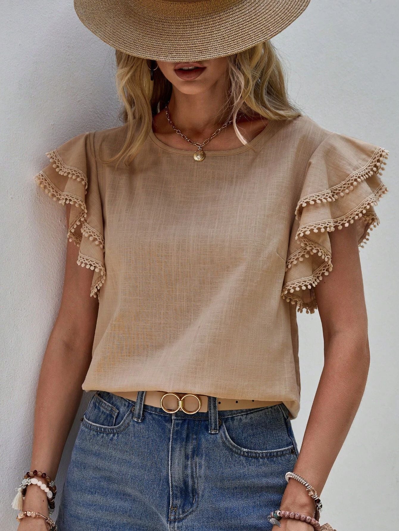 Women's Pleated Sleeves Round Neck Shirt Solid Color Casual Women's T-shirt