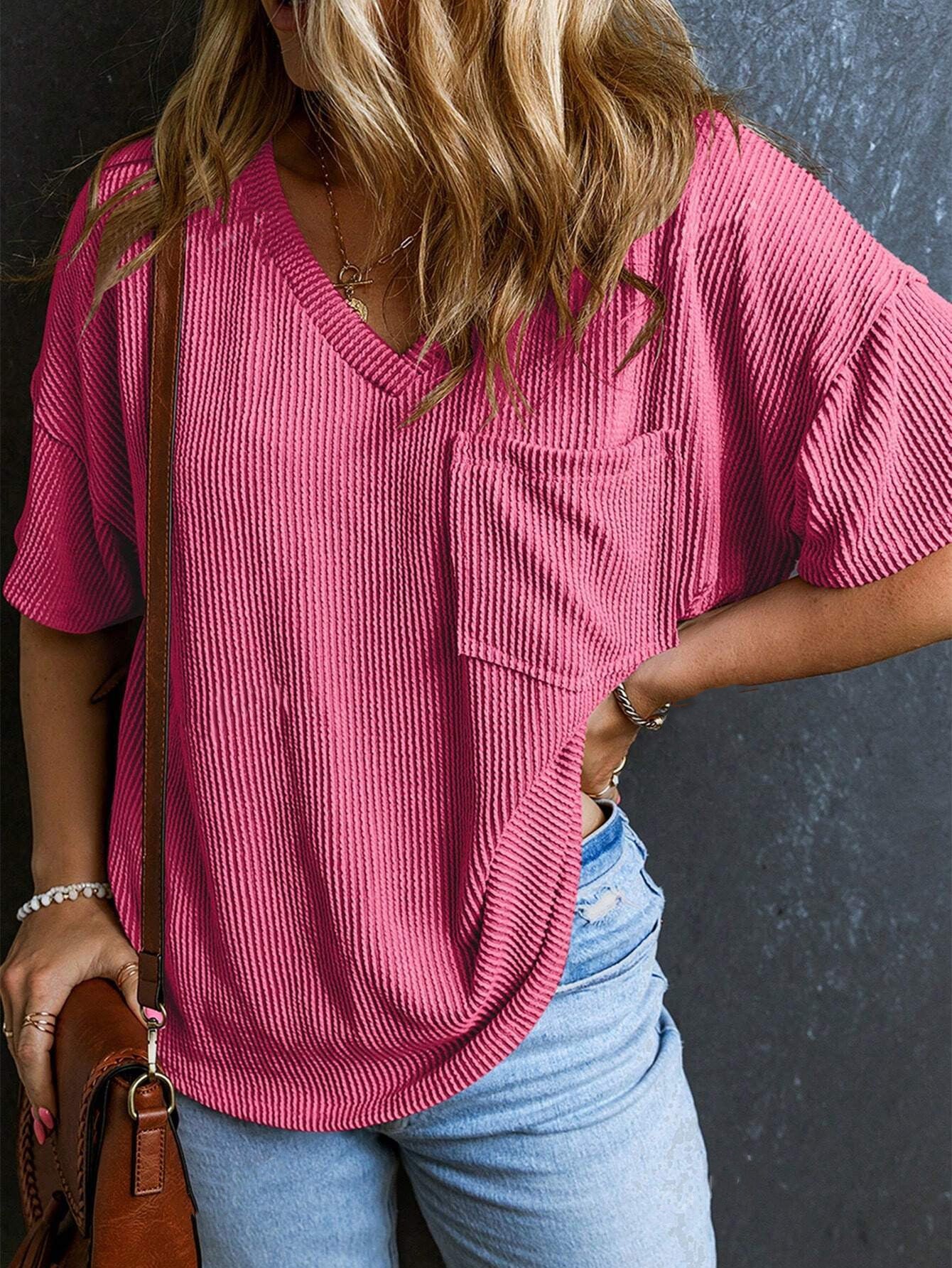 Women's Fashionable Two-color Twisted Pocket Short-sleeved For Tops