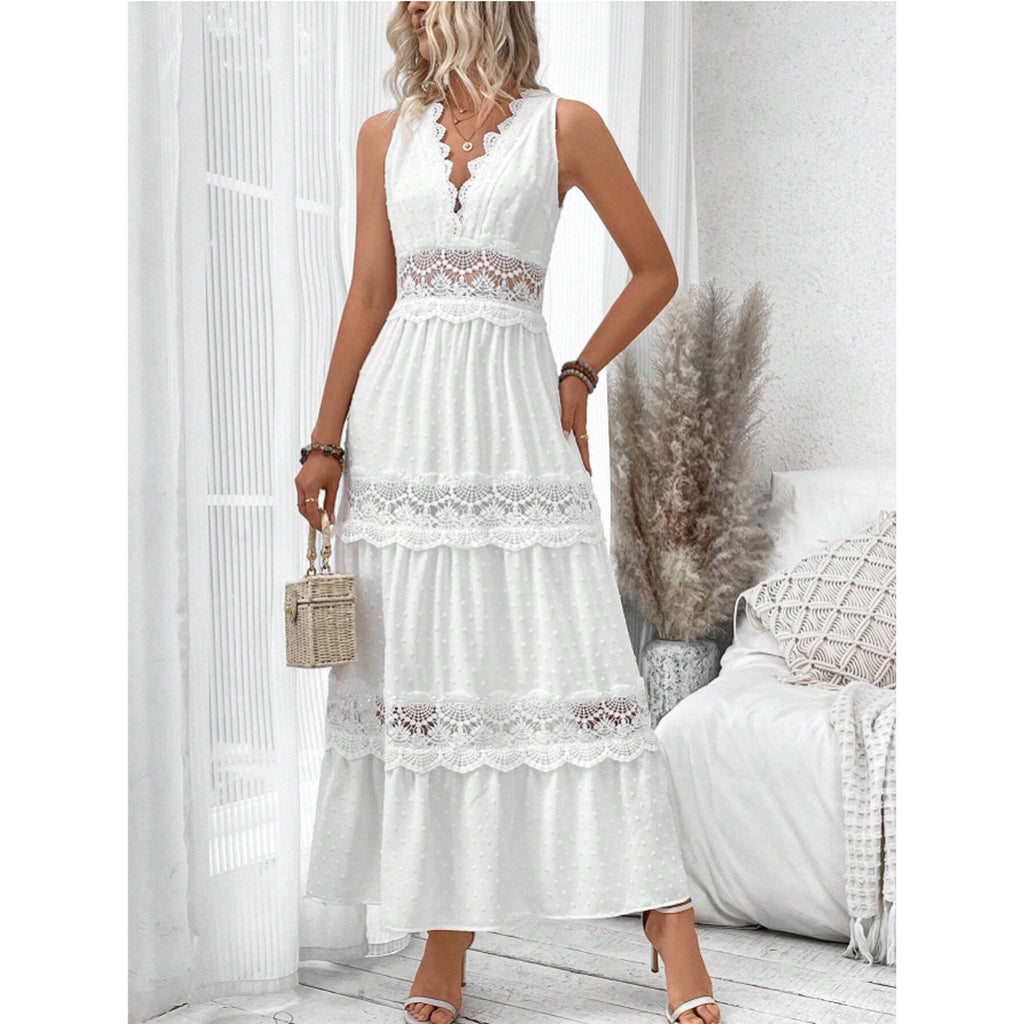 Women's Summer Lace Stitching Collar Sleeveless Dress