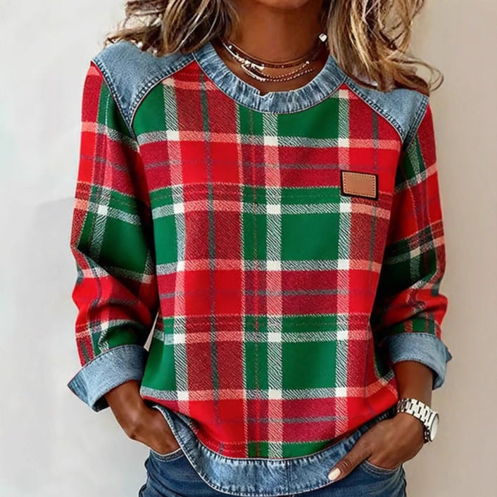 Women's Plaid Stitching Denim Round Neck Loose-fitting Source Sweaters
