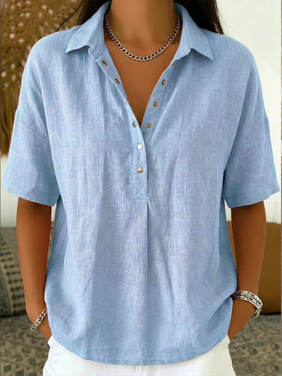 Women's Summer Loose Comfortable Lapel Sleeve Solid Color Blouse