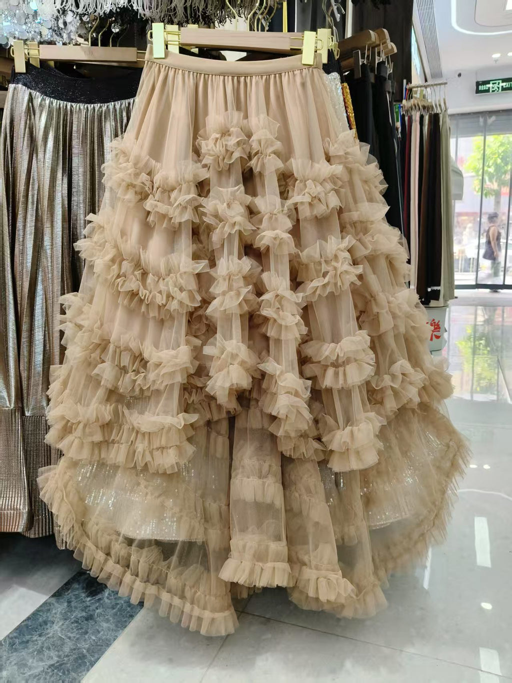 French Romantic Ruffled Mesh Bubble Front Back Long Irregular Cake Skirt