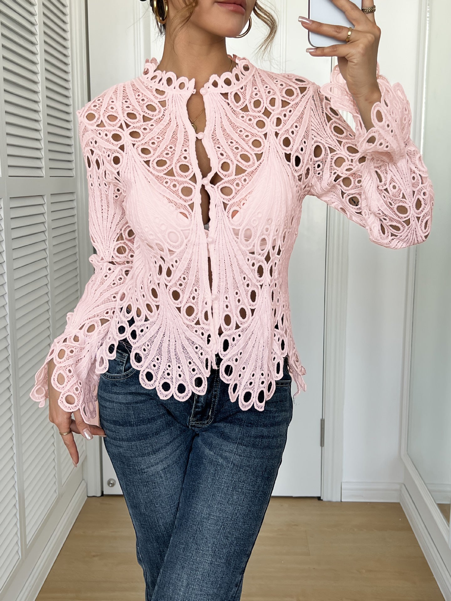 Fashion Sexy Cutout Lace Stand Collar Bell Sleeve Breathable Blouse