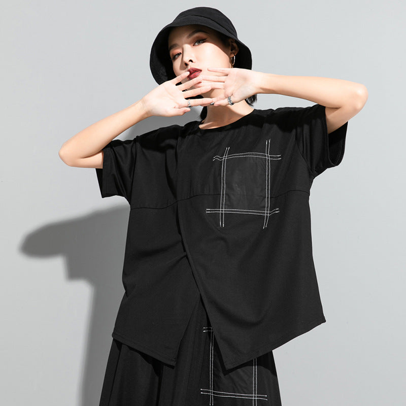 Women's Summer White Line Decoration Front Cross Dark Women's T-shirt
