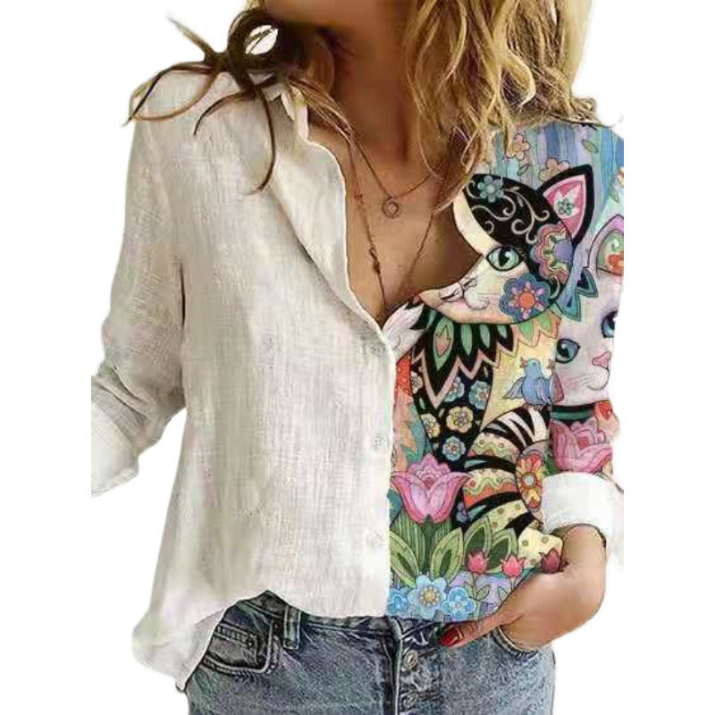 Classic Women's Shirt Printed Long-sleeved Casual Blouse
