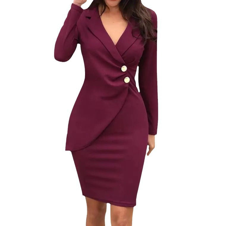 Bottoming Button Breasted Business Irregular Design Long Sleeve Dress