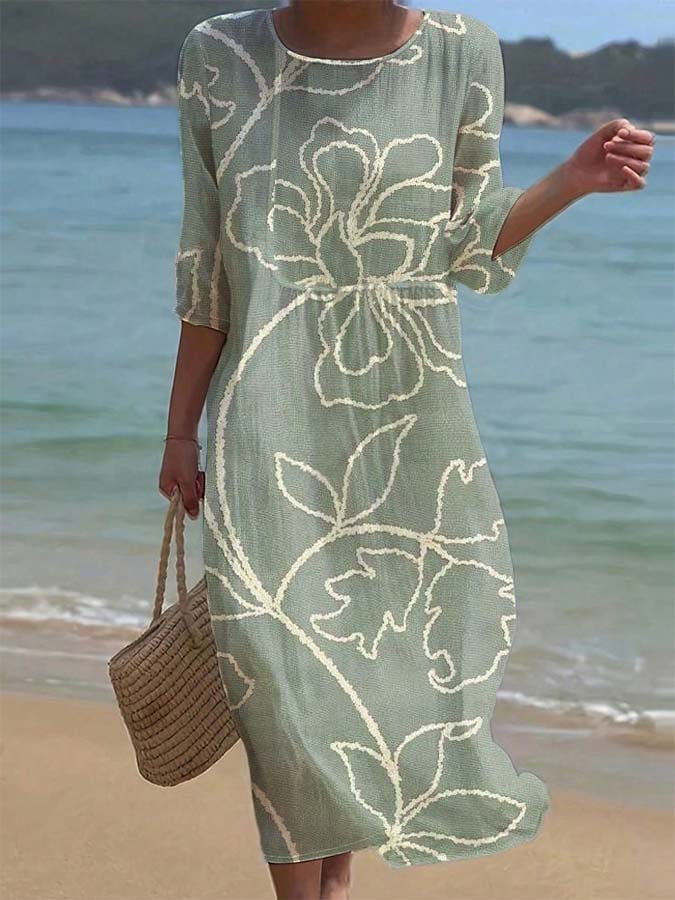 Women's Summer Loose Round Neck Fashion Long-sleeved Dress