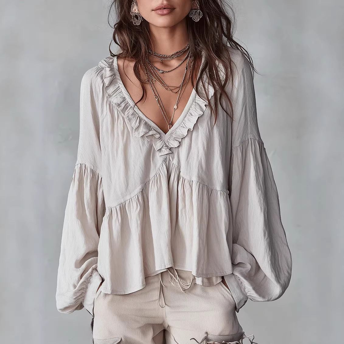 Casual Sweet Wooden Ear Puff Sleeve Pleated Blouse