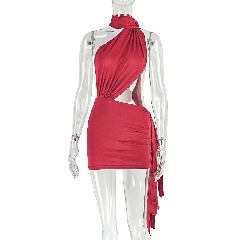 Women's Street Fashion Wear Stitched Backless Solid Color Hip Pleated Dress