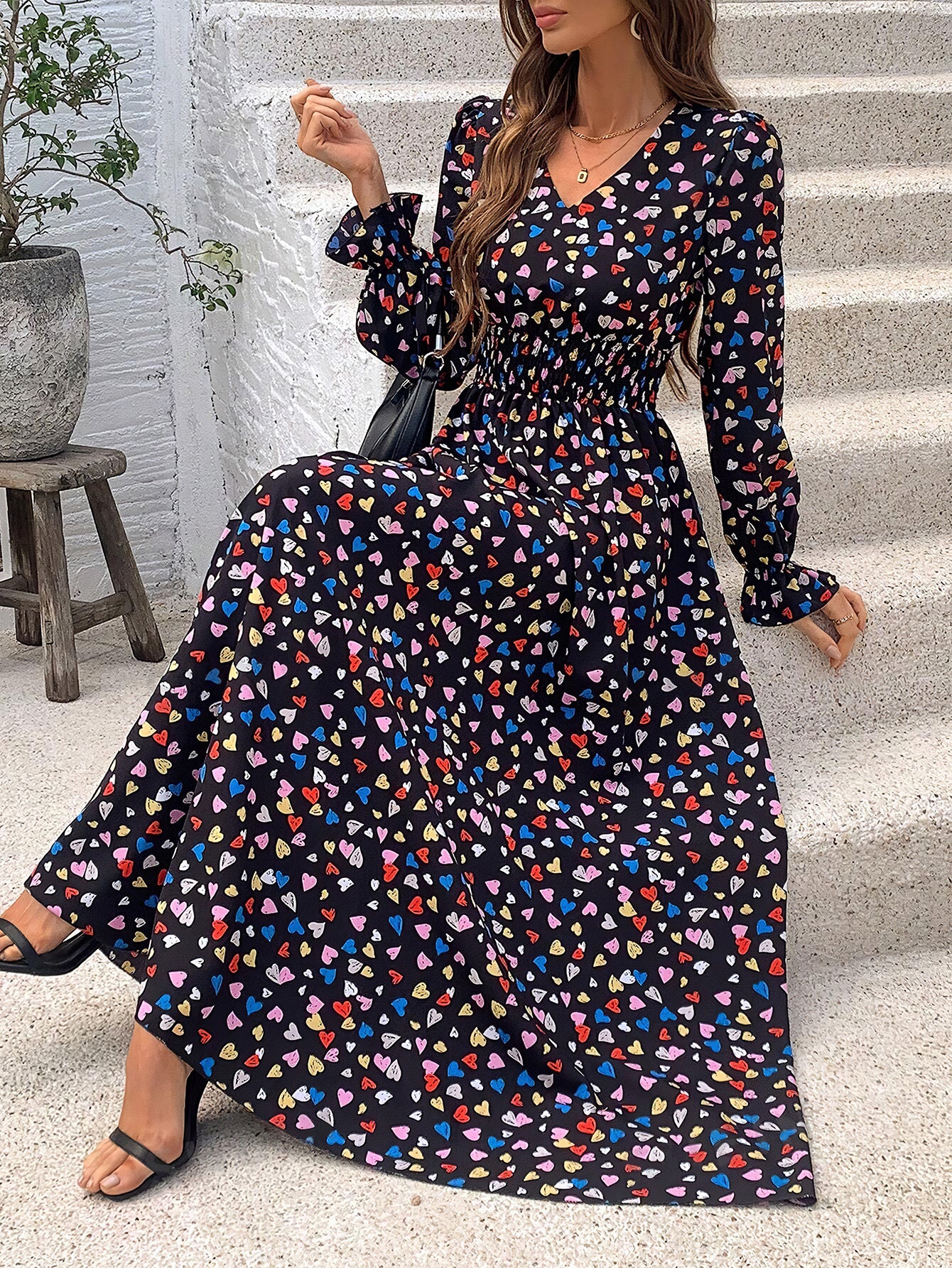 Women's Autumn Printed Long Sleeve Big Hem Dress