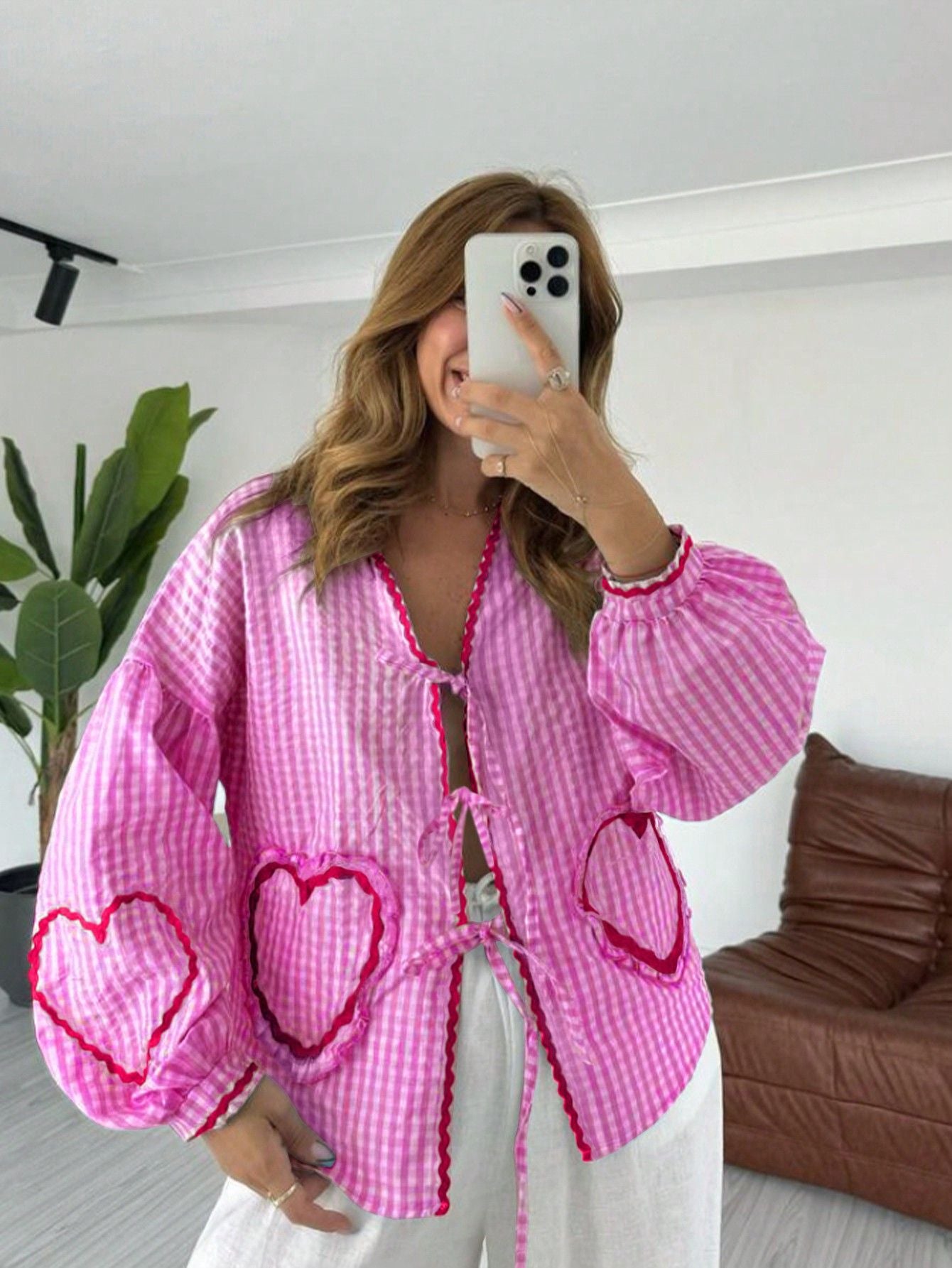 Lantern Sleeve Love Plaid Shirt French Design Blouse