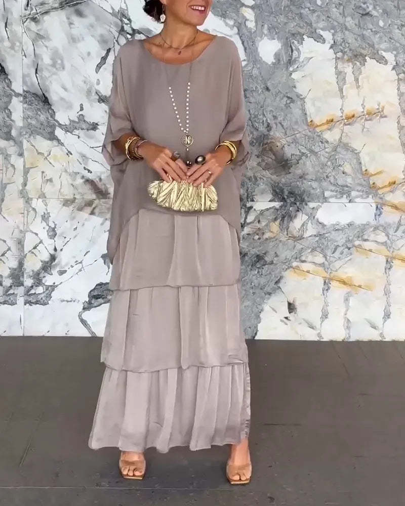 Fashion Chiffon Mesh Batwing Sleeve Long Dress