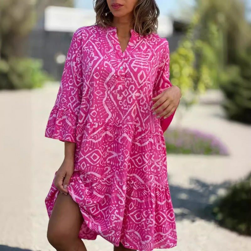 Women's Collar Bell Sleeve Cake Flowers Stitching Dress