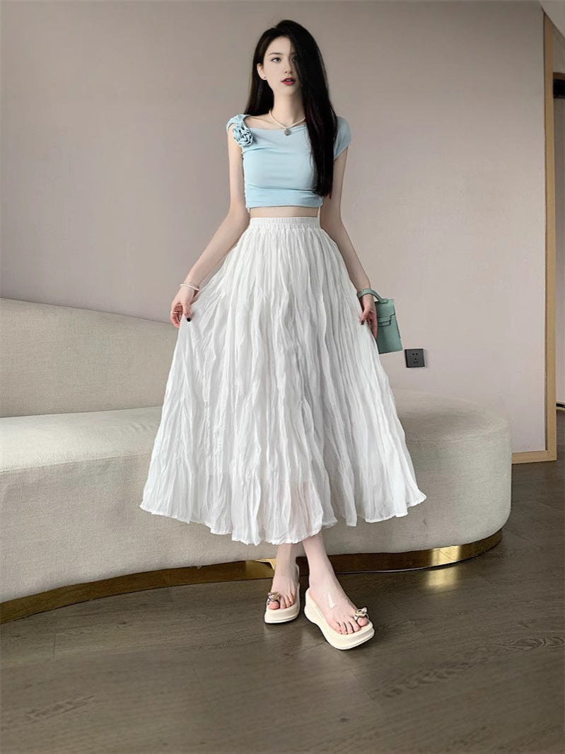 Women's White Elastic Waist A- Line Summer High Casual Elegant Long Skirt