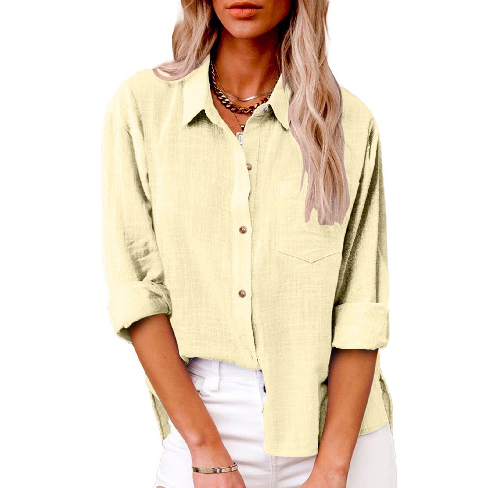 Women's Autumn Pocket Split Long Sleeve Cotton Blouse