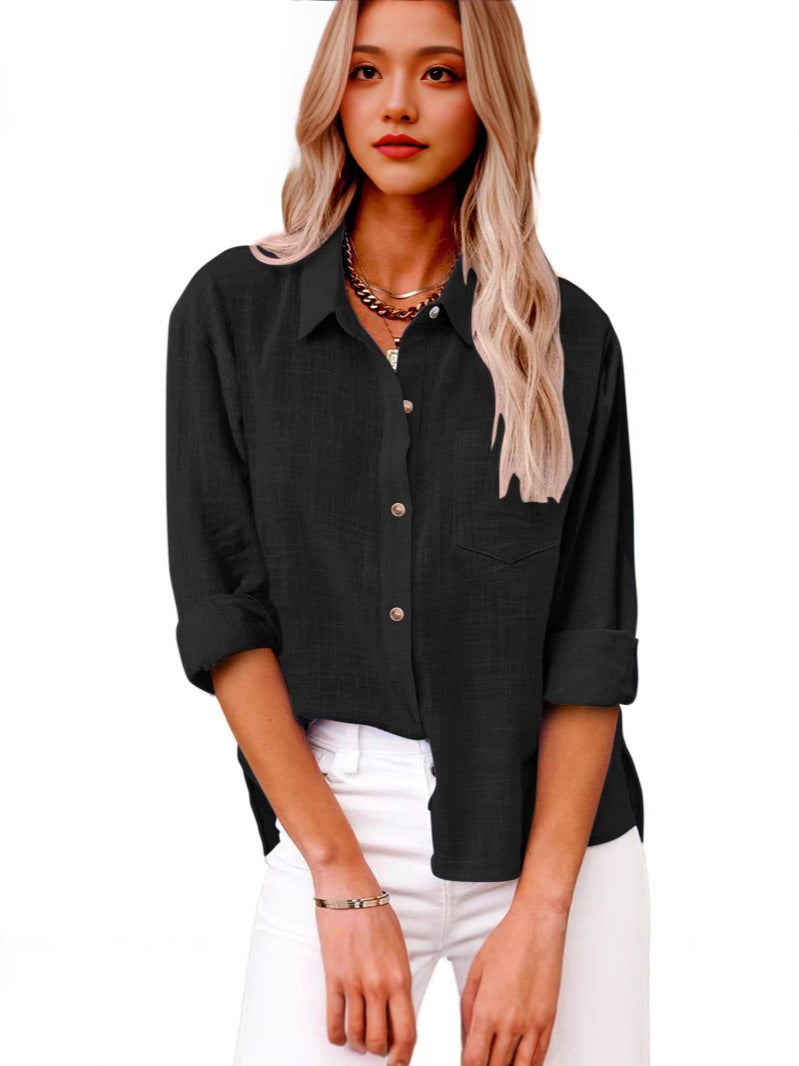 Women's Autumn Pocket Split Long Sleeve Cotton Blouse