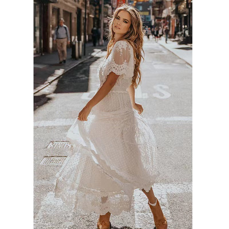 Versatile Trendy Women's Summer Short-sleeved Lace Dress