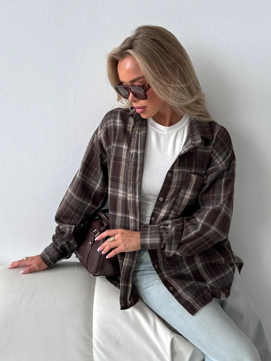 Women's Plaid Shirt Autumn Lazy Bandage Dress Blouse