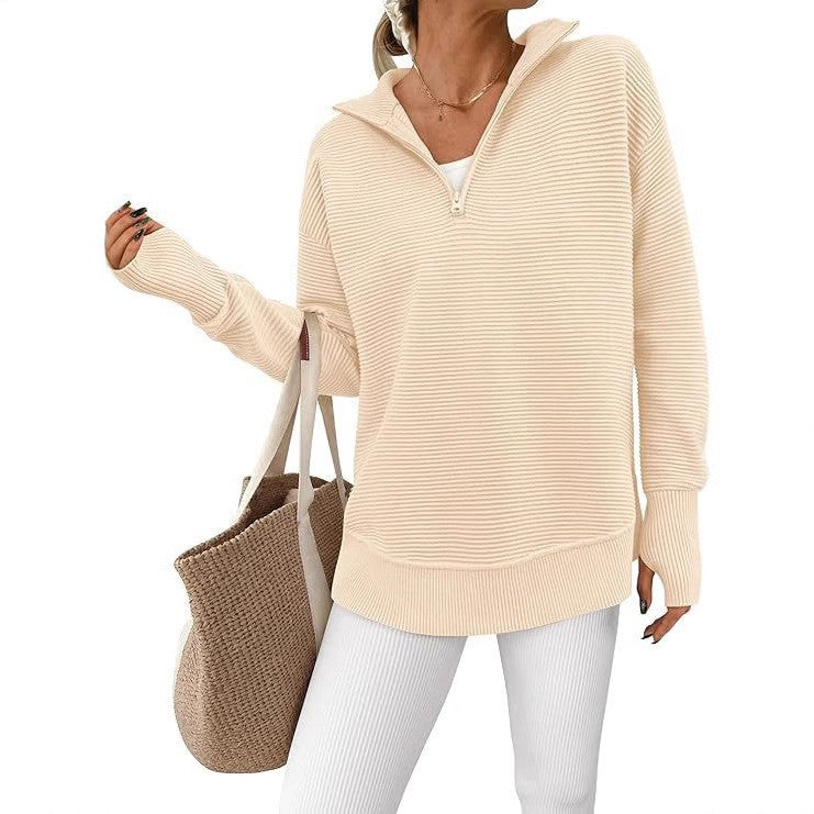 Women's Long Sleeve Half Zip Rib Knitted Pullover Early Autumn Clothing