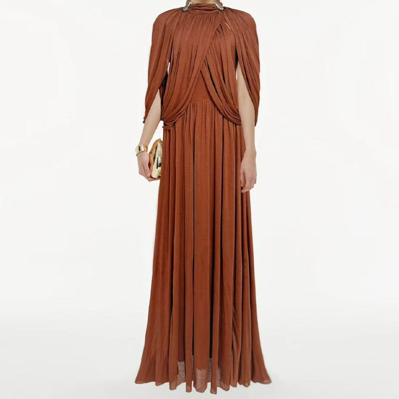 Women's Pleated Elegant Round Neck Simple Chiffon Dress