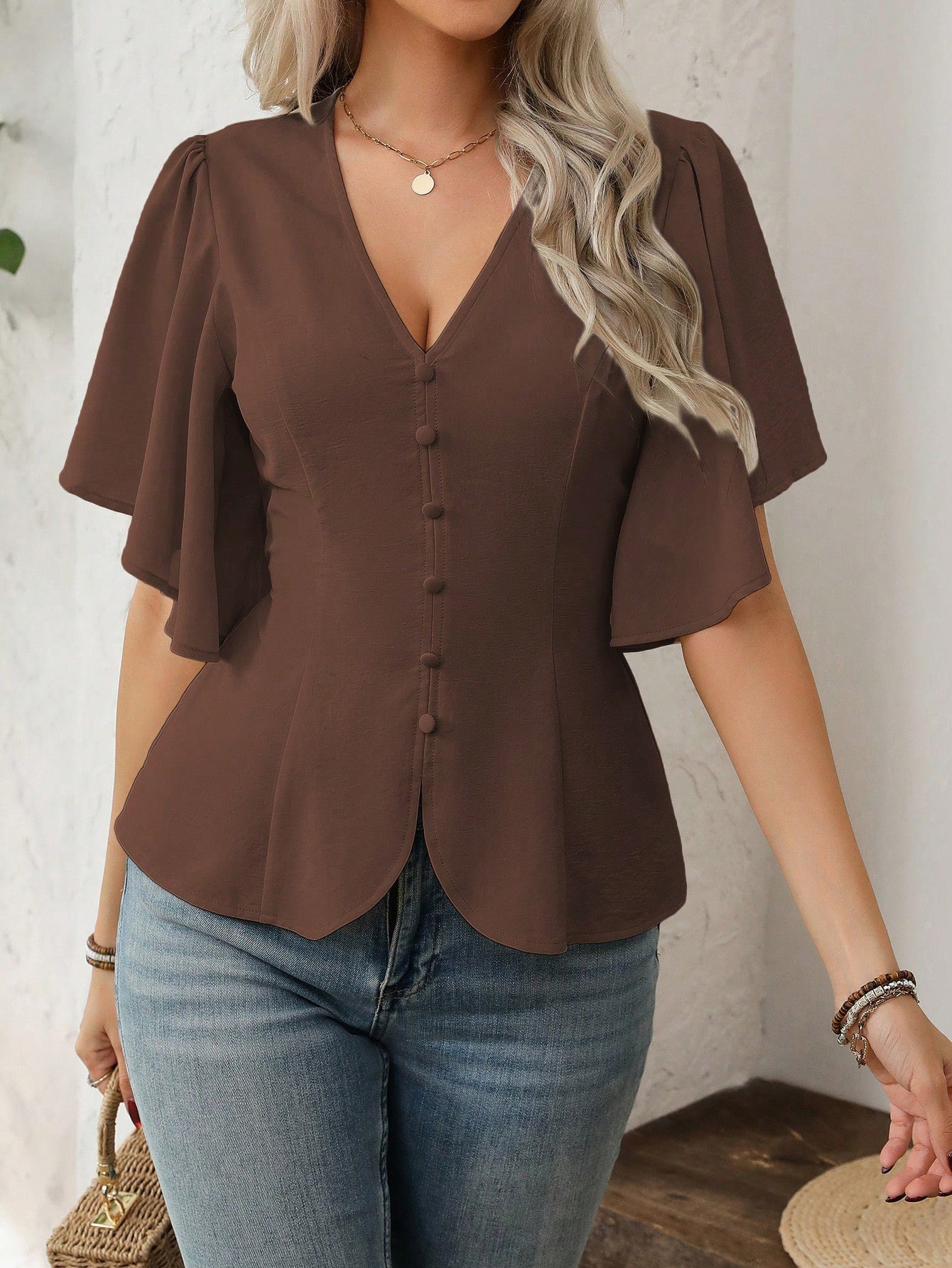 Women's Fashionable Elegant Style Deep Solid Color Single-breasted Waist Tops