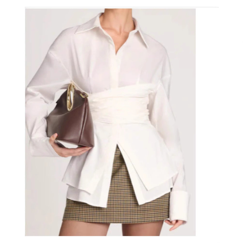 Temperament Commute Pleated Waist Tight Mature Design Long Blouse