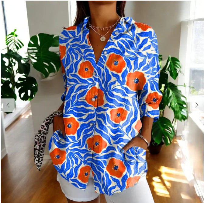 Women's Color Matching Printed Pattern Autumn Casual Loose Shirt Blouse